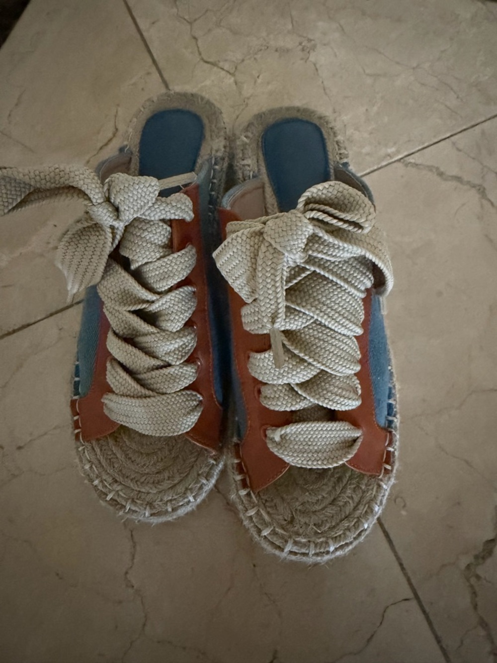 Braided Espadrille Slide Sandals in Tan and Blue
